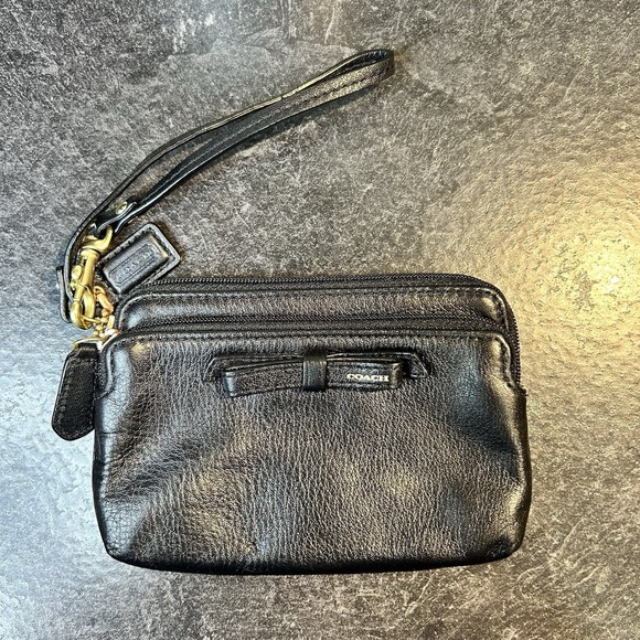 Vintage Coach Black Leather Wristlet Wallet Double Zipper Bow Accent Lilac Liner - Picture 1 of 11